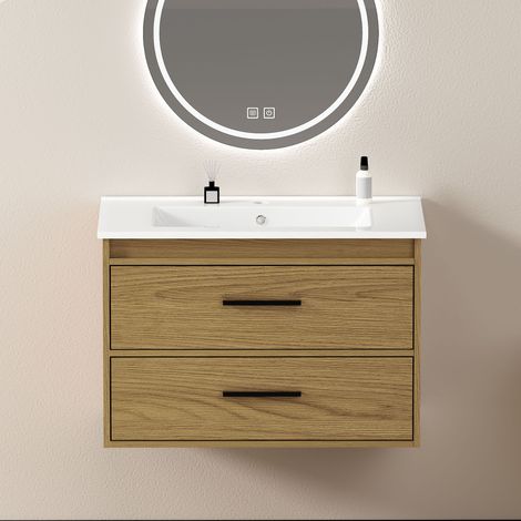 Meuble vasque bois chêne clair 75 cm, grand rangement avec 2 tiroirs