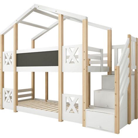 Letto a Castello 90×200 cm, Letto Singolo con Scala Contenitore, Lavagna e Sponde, senza Materasso (1/4)