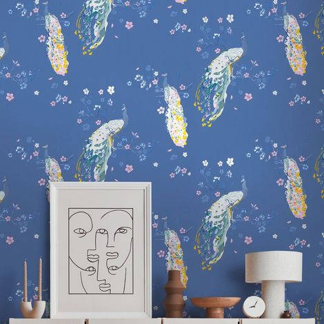 Papier peint coloré nature sur fond violet Tapisserie motif animal et floral Papier peint avec paons style asiatique idéal chambre (1/5)