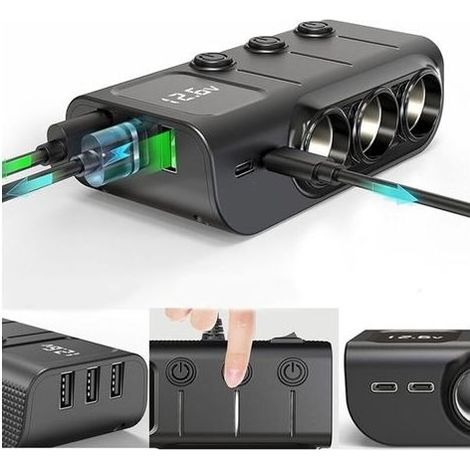 Chargeur Allume-Cigare de Voiture Socle Splitter 120W Adaptateur Allume-Cigare avec 3 Ports USB Interrupteur séparé Indicateur de Tension PD Charge Rapide pour téléphone Tablettes Dash Cam (1/5)