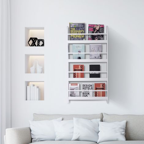 Librería de pared de 4 niveles en madera blanca, impermeable, carga máxima 30 kg (59 cm x 12 cm x 113 cm)
