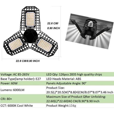 Éclairage de garage LED - - 60W - 3 panneaux réglables - 8000 lm - Culot E27 (1/4)