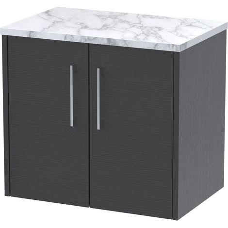 Winshill Contemporary 2 Door Wall Hung Vanity Unit with Laminate Worktop, Woodgrain Dark Grey, 600mm