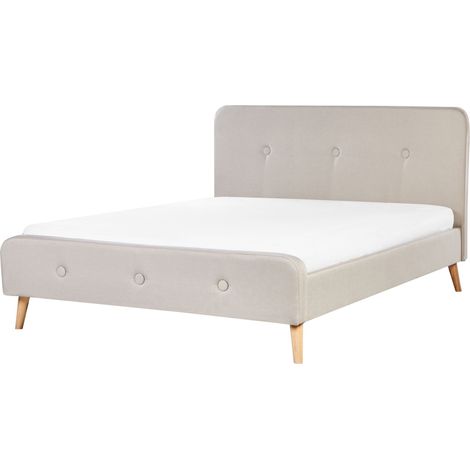Slatted Bed Frame Beige Polyester Fabric Upholstered Wooden Legs 5ft3 EU King Size Modern Design RENNES (1/5)