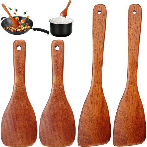 4 Pièces Spatule de Cuisine, Spatule Bois Cuisine, Ustensiles de Spatule Cuisine Bois Anti-Rayures, Non Stick Bois Turner Cuisine pour Cuisine, les Woks et les Poêles (33 cm, 23 cm) (1/5)