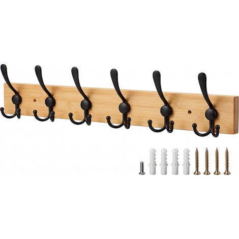Levede Coat Rack Wall Mounted 6 Triple Hooks Holds Coats & Bags, Hallway Bamboo (1/4)