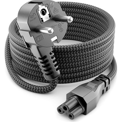2 m F-Type to C5 Mains Power Cord Cable Nylon Braided 90° Safety Plug to 2.5A Clover Plug for Laptop, Computer, Power Supply, TV, Monitor – Grey (1/4)