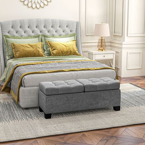 Panca contenitore, panca imbottita effetto lino, contenitore imbottito, portata fino a 180 kg, per corridoio, camera da letto, soggiorno, 116x41x47 cm, grigio
