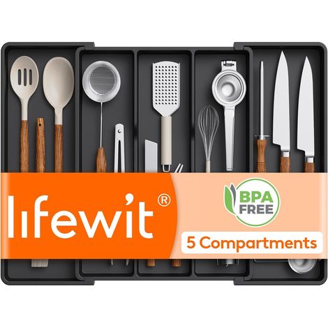 Range Ustensiles pour Cuisine, Rangement Couverts, Organisateur de Tiroir, Support pour l'Argenterie, Couteaux et Outils, 47 cm de Profondeur, Extensible Jusqu'à 64 cm, Lot de 1, Noir (1/5)