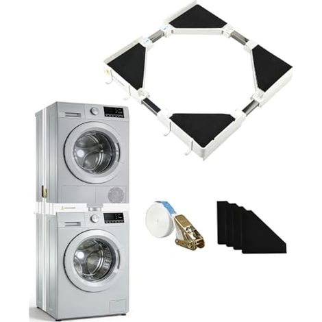 Kit de superposition lave-linge et sèche-linge, étendoir en acier, cadre télescopique réglable avec sangle à cliquet et crochets, antidérapant, gain de place (50-70 cm) (1/5)