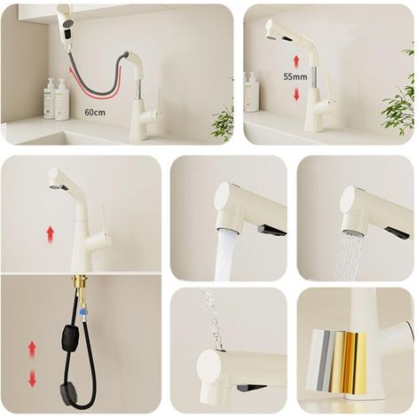 Basin taps with Pull Out Spray Brass Hot Water and Cold Water washbasin Faucet Swivel Retractable Bathroom Faucet-White (1/4)