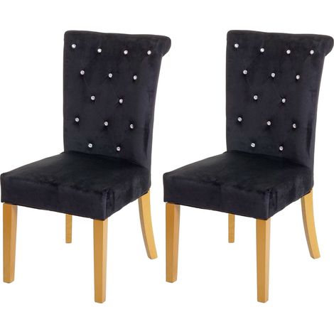 2x Chaise de salle à manger HHG-513, Chaise de cuisine, Velours clouté, noir, pieds couleur or