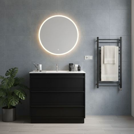 Mobile Bagno a Terra 100 cm con Lavabo in Ceramica e 3 Cassetti Nero Satinato – Urban