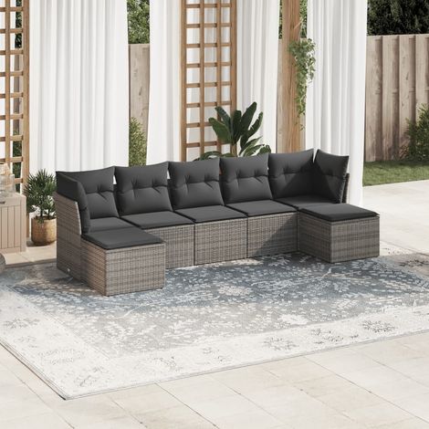 Canapé d'extérieur 7 pièces gris en résine tressée rotin synthétique avec coussins et table en verre trempé (1/3)