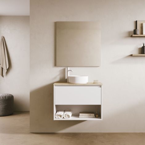 KLEIN 70cm Meuble et vasque avec un tiroir et un niche, Blanc Mat. (1/4)