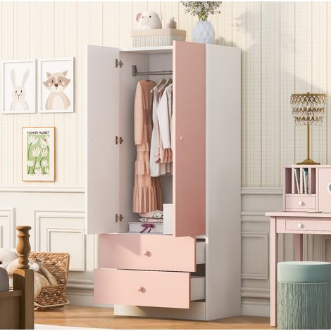 Armadio guardaroba 70x40x170 cm in MDF e compensato rosa/bianco, 2 cassetti – MEUBLIV (1/5)