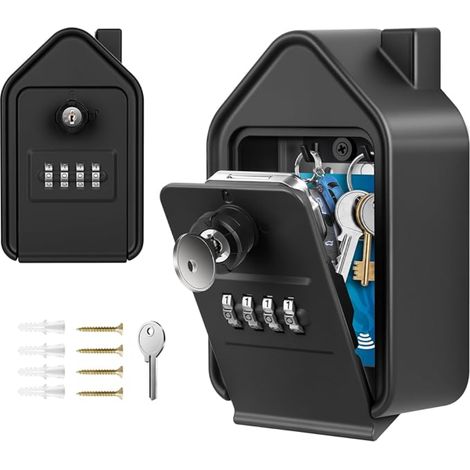 Boite a Clef Grande Boite a Clefs Securisee Exterieur avec 4 Code Clés d'urgence Boîte à Clés Murale Alliage D'aluminium pour Garage Domicile Noir (1/5)
