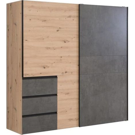 Garderobekast met 2 schuifdeuren 3 lades - Ambachtelijk eiken en grijs betonnen decor - L 200,1 x D 61,2 x H 200,5 cm - WINN2 (1/5)