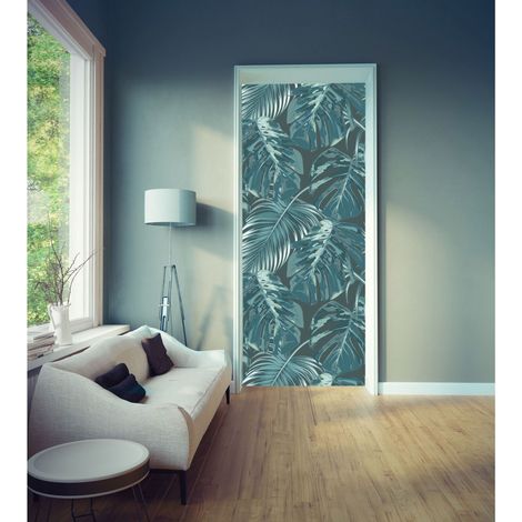 Sticker Porte Feuilles Tropicales Vert Foncé Aquarel sur Fond Vert - 204 cm X 83 cm (1/2)