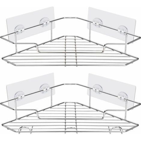 Étagère de douche d'angle, étagères de salle de bain en acier inoxydable avec crochets - Organiseur d'étagère de douche auto-adhésif pour salle de bain, cuisine - Chrome, lot de 2 (1/5)