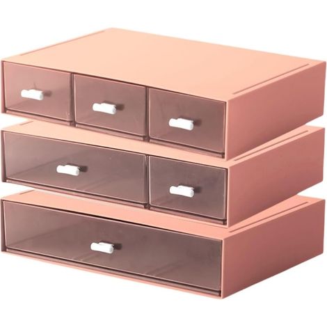 Dreistöckiger Büroschubladenorganizer mit 6 Schubladen, einem Make-up-Organizer, stapelbaren Aufbewahrungsboxen und Kunststoffschubladen zur Aufbewahrung von Schreibwaren und Kosmetika (rosa).