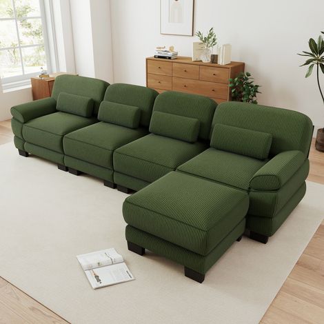 Sofá modular de 4 plazas en L - 336x161x94 cm con taburete reposapiés salón - pana suave estilo moderno - verde (1/5)