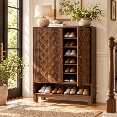 Meuble à Chaussures 2 Portes, 5 Niveaux avec étagères réglables, Hauteur 110 cm, pour entrée Couloir Salon - Marron
