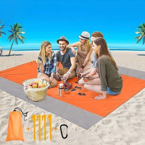 Wasserdichte Strandmatte, sandfreie Picknickdecke, leichte Stranddecke mit Aufbewahrungstasche, Karabiner und 4 Heringen, geeignet für Strand, Camping und Picknick (1/4)