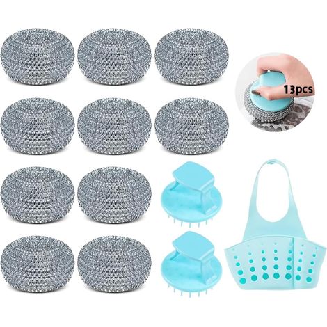 13-Piece Steel Wool Dish Sponge Set, Stainless Steel Scouring Sponges, with 2 Handles and 1 Scouring Basket, Dissolves Tough Stains in the Kitchen (1/5)