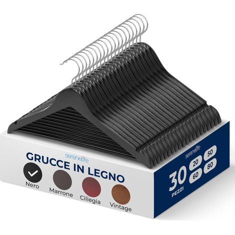 SereneLife Grucce Appendiabiti, 30 Stampelle Armadio in Legno, Appendiabiti Resistenti con Gancio Girevole a 360° e Tacche, Design Sottile per Felpe, Camicie, Giacche, Vestiti e Altro (1/5)