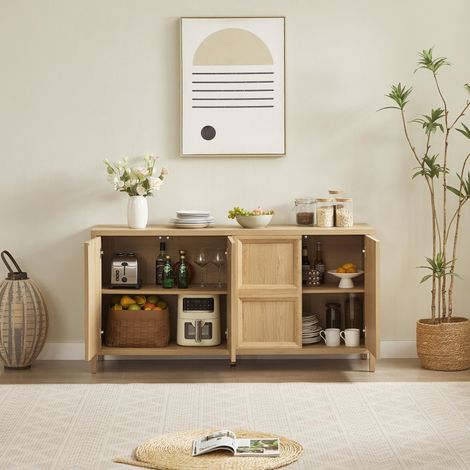 Buffet commode de rangement, 160x40x80 cm, Meuble de salon scandinave pour chambre entrée, MDF effet chêne massif avec système Push-to-Open, Chêne (1/5)