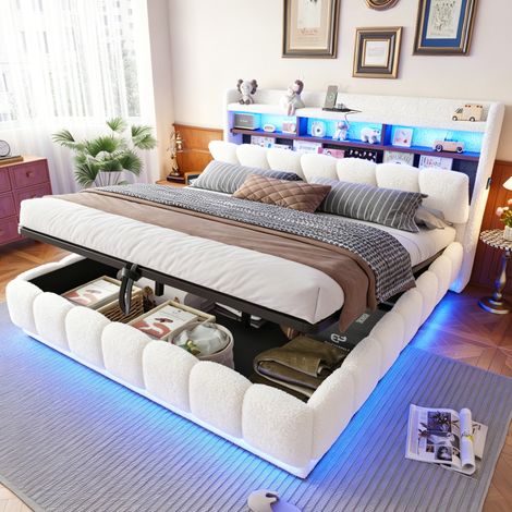 Lit coffre 180x200 cm rembourré en tissu bouclette avec LED, prises USB, sommier à lattes métallique et grand espace de rangement, blanc (1/5)