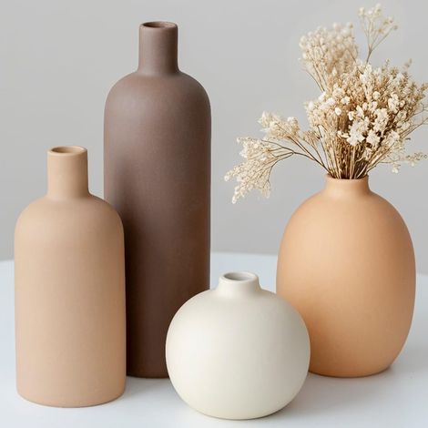 Lot de 4 vases modernes en céramique, couleurs Morandi, décoration de table minimaliste, style nordique, neutre, bohème, scandinave, (lot de 4, café clair) (1/5)