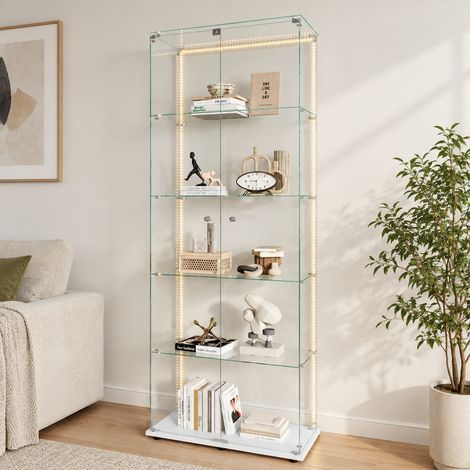 Vitrine 5 étagères en trempé avec LED réglable, Vitrine en verre avec 2 portes à serrure pour collection, Armoire vitrine pour chambre, salon et salle à manger, 78 x 34 x 186 cm, Blanc (1/5)