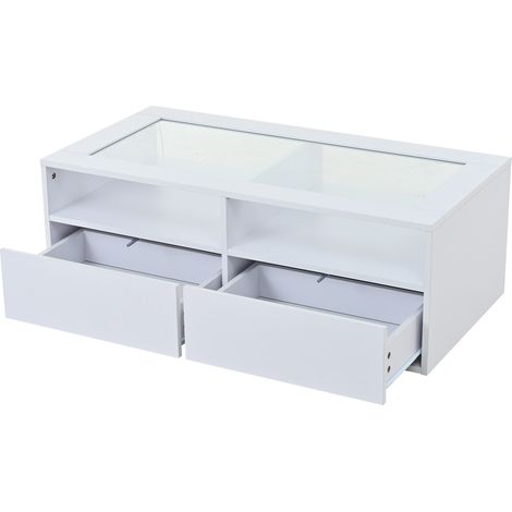 Table basse blanche en verre trempé avec LED et 2 tiroirs, 100 x 50 x 35 cm (1/5)