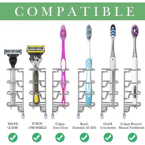Porte-brosse à dents mural pour douche, porte-brosse à dents en acier inoxydable, organisateur auto-adhésif mural/à poser sur comptoir à 3 emplacements, argent (AAA) (1/4)