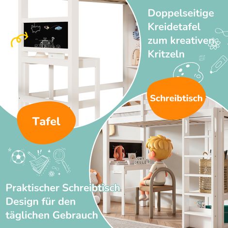 Lit enfant surélevé avec bureau, penderie ouverte et étagères, lit superposé simple 90x200 cm avec sommier et barrière de sécurité, blanc (sans matelas) (1/5)