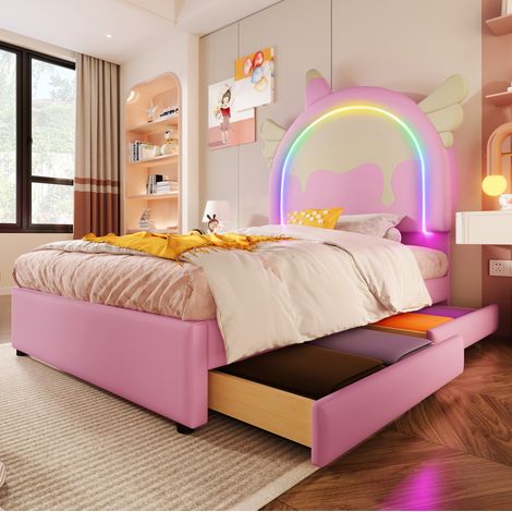 Letto imbottito unicorno rosa in PU 90x200 cm con testiera, luce LED e 2 cassetti (1/5)