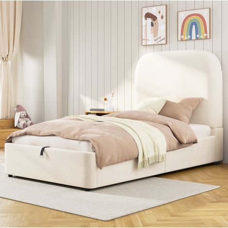 MEUBLIV Letto 90x200 cm beige con contenitore idraulico e testiera, senza materasso (1/5)