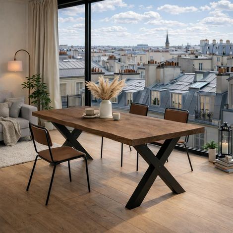 Table extensible chêne brun bords naturels pieds en X 240 cm PALERME