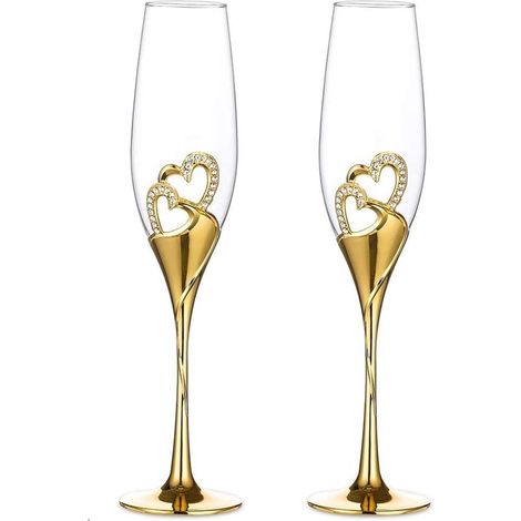 Juego de 2 copas de champán con forma de corazón: copas creativas con rejilla dorada para bodas, compromisos y aniversarios (1/5)