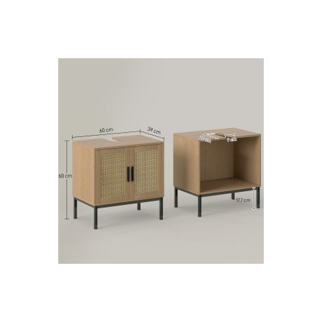 Meuble sous lavabo chêne 60 x 39 x 60 cm avec porte effet rotin et dispositif anti-basculement pour salle de bains et toilettes (1/5)