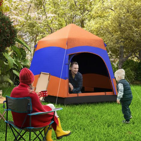 Tente familiale Quick-Up 4-6 personnes 4 saisons double toit imperméable avec moustiquaires 2 portes orange (1/5)