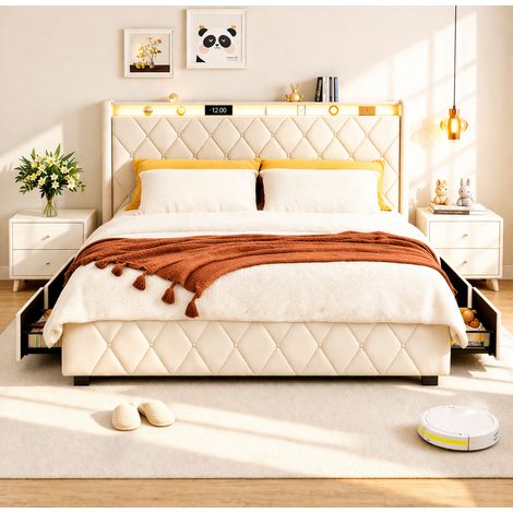 Lit Double LED 160x200 cm, Lit Coffre Beige en velours, 4 Tiroirs, Tête de lit rembourrée USB, Cadre Métallique, Sommier à Lattes (1/5)