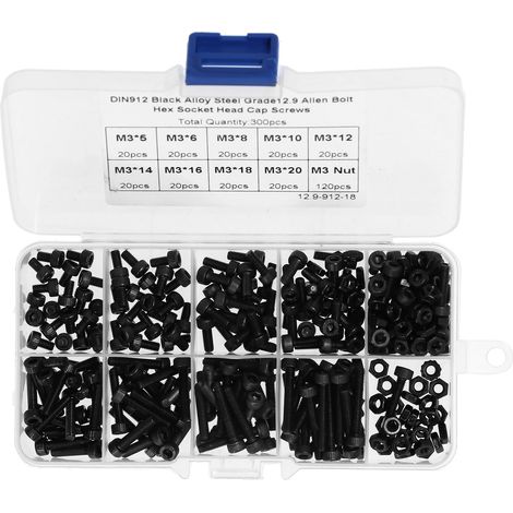 300-teiliges Set M3-Innensechskantschrauben und verschiedene Muttern, Sechskantschrauben aus legiertem Stahl, DIN912-Befestigungselemente, Präzisions-Hardware-Set. (1/5)