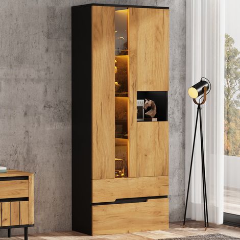 Vitrine 70x35x180 cm, meuble vitrine avec éclairage LED, 3 portes et 2 tiroirs, design bois et noir, armoire de rangement moderne pour salon (1/5)