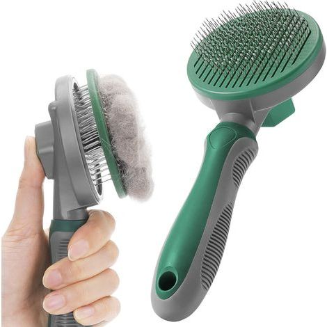 Hunde- und Katzenbürste (grün), selbstreinigender Pflegekamm, Kurz-/Langhaarbürste mit ergonomischem Griff, Entwirrungswerkzeug gegen Haarausfall für die Unterwolle, entfernt abgestorbene Haare und Sc (1/5)