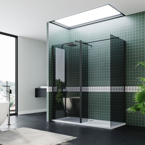 ELEGANT 700mm Grey Walk in Shower Cabin with 760mm Side Shower Door and 300mm Matte Black Flipper Panel 8mm Waterproof Glass Panel Shower Cubicle with 1200x760mm Shower Tray and Waste Trap (1/5)