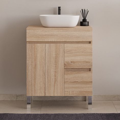 Meuble de salle de bain 70cm sur pieds avec plateau et une cuve à poser arrondie - sans miroir - portes et tiroirs - cambrian (chêne clair) - HARO (1/5)