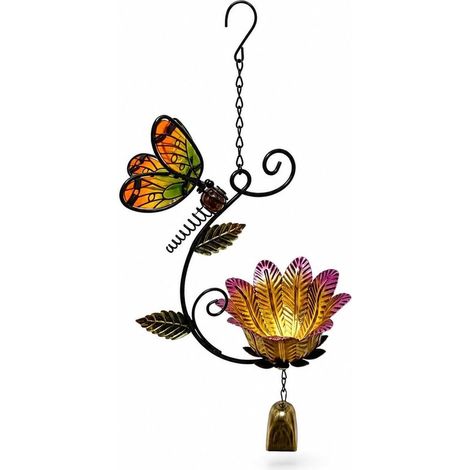 Mangeoires à oiseaux suspendues en fer forgé avec carillons et décorations de libellules - et mangeoires à oiseaux en forme de fleur avec clochettes (1/5)